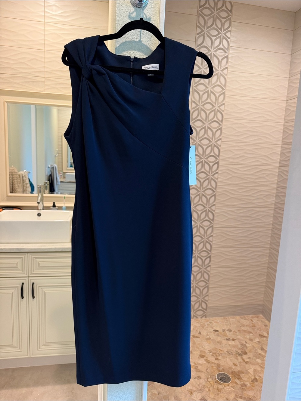 Calvin Klein Navy Knot-Shoulder Midi Sheath Dress